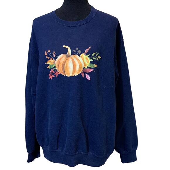Hand Printed Large Upcycled Pumpkin Autumn Fall Flower Long Sleeve Sweatshirt - Picture 1 of 3